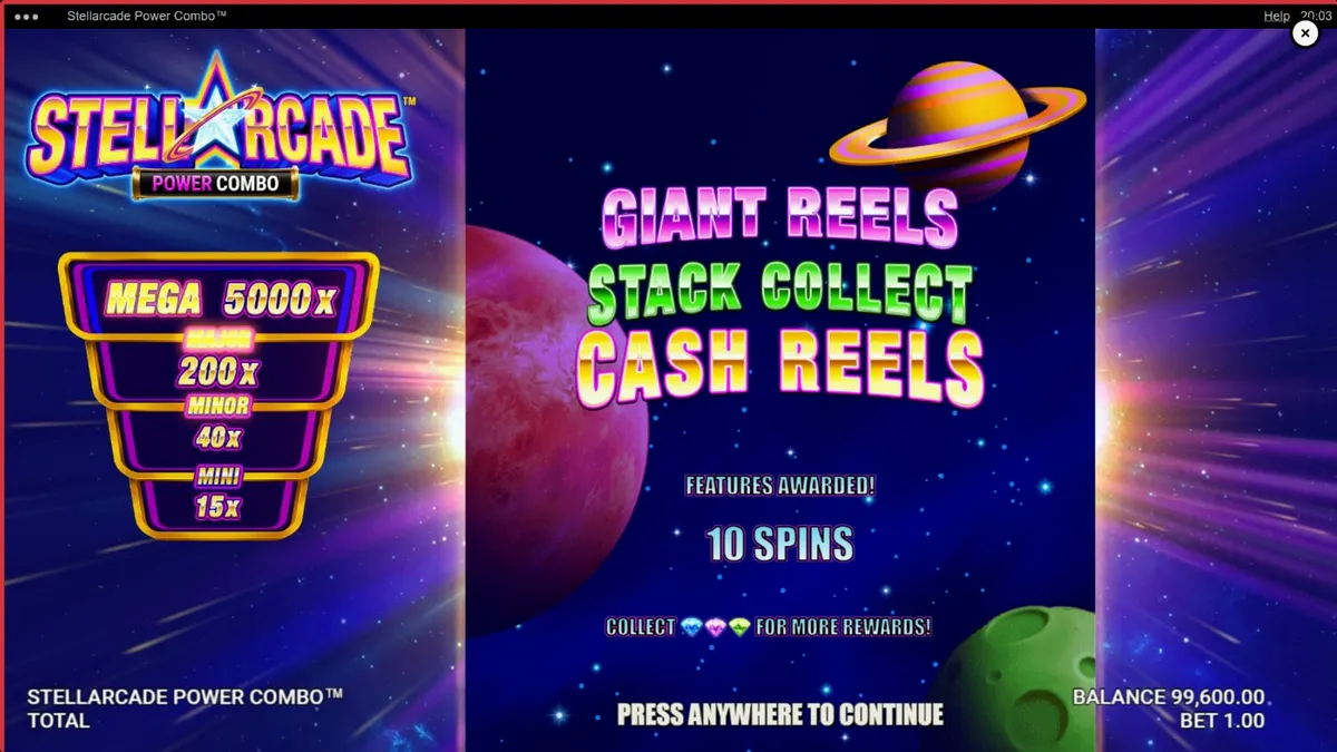 Interface neon e espacial do slot Stellarcade Power Combo