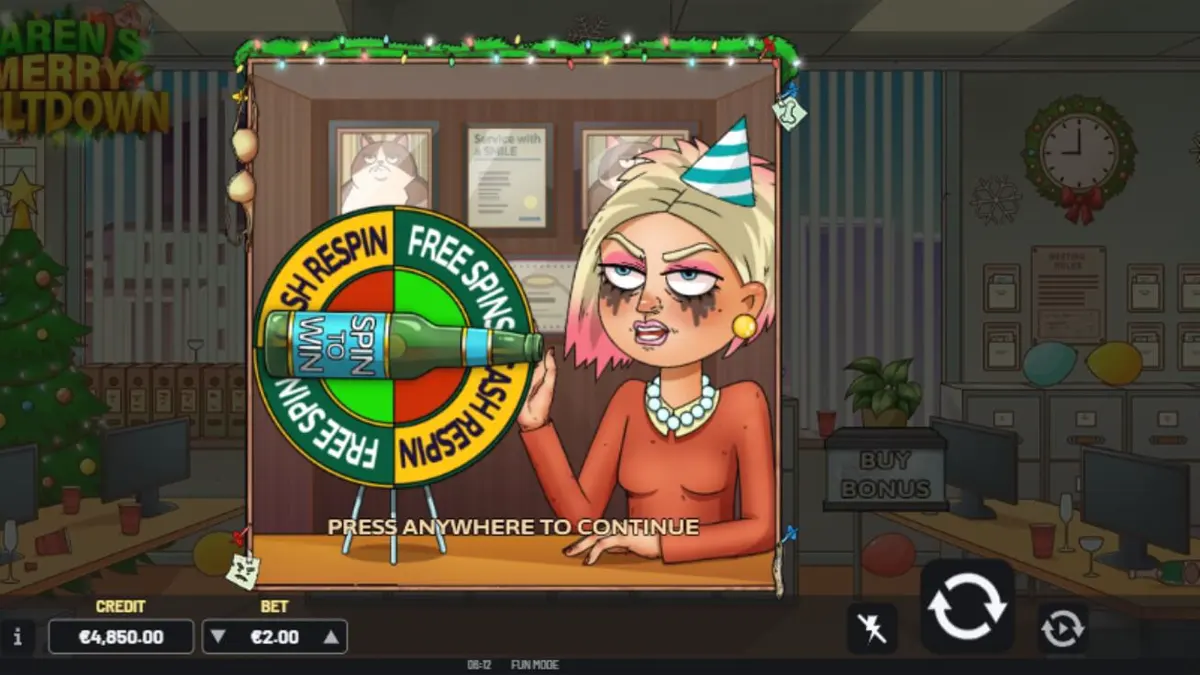 Design visual e atmosfera festiva e caótica do slot Karen’s Merry Meltdown