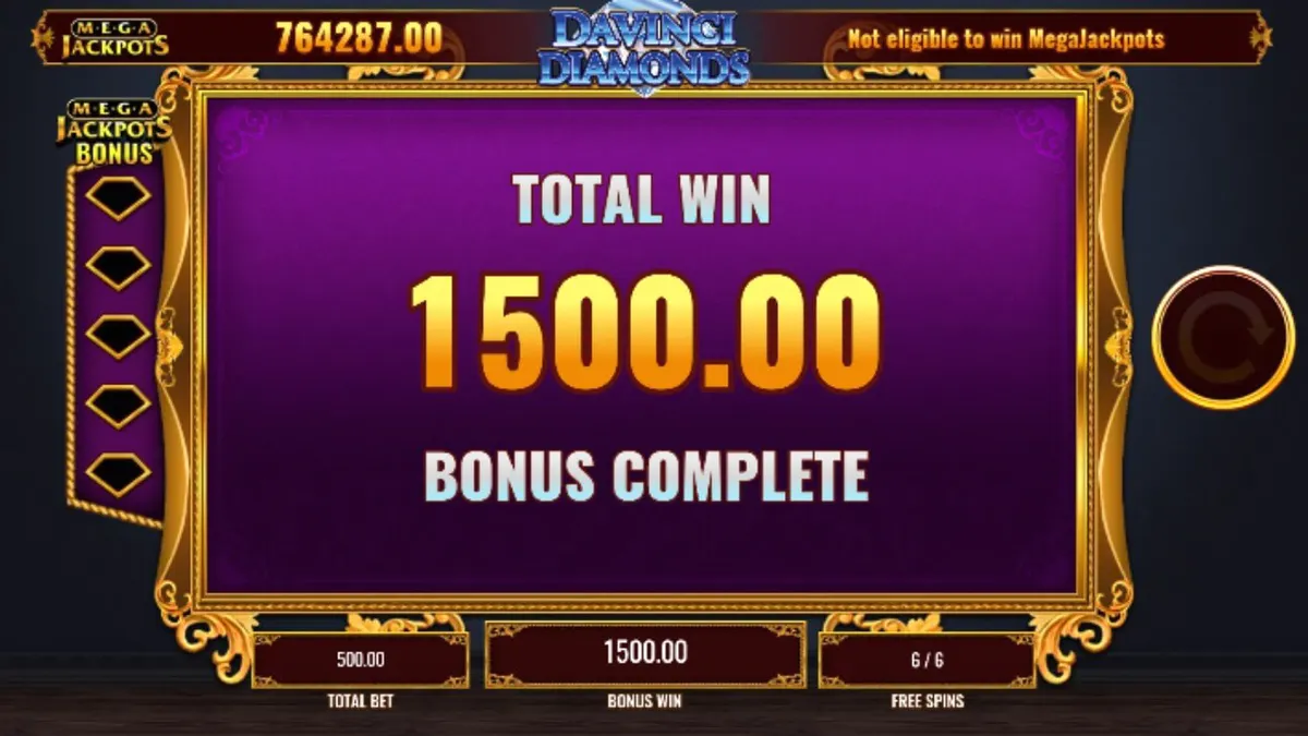 Interface do slot Mega Jackpot DaVinci Diamonds com símbolos de arte e diamantes