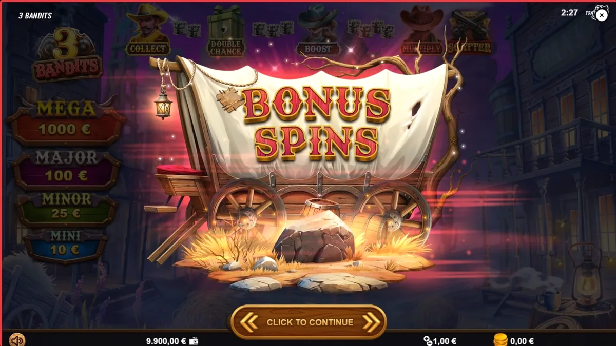 Interface do jogo de slot 3 Bandits com símbolos temáticos de Velho Oeste