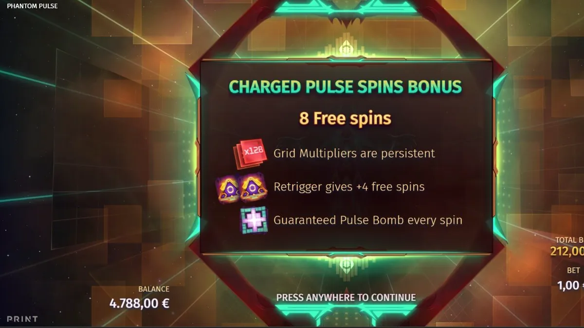 Interface futurista e vibrante do slot Phantom Pulse com símbolos cósmicos